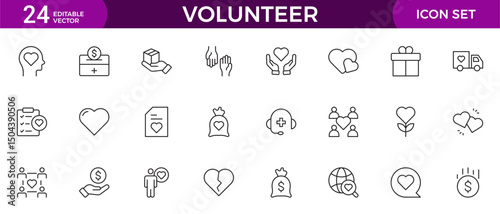 Volunteer icon set. Charity and Volunteering thin line style of philanthropic icons: almsgiving, helping those in need, donation, contribution, humanism, altruism