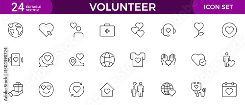 Volunteer icon set. Charity and Volunteering thin line style of philanthropic icons: almsgiving, helping those in need, donation, contribution, humanism, altruism