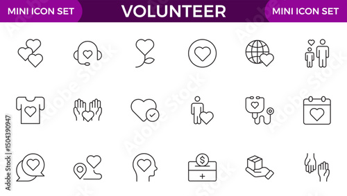Volunteer icon set. Charity and Volunteering thin line style of philanthropic icons: almsgiving, helping those in need, donation, contribution, humanism, altruism