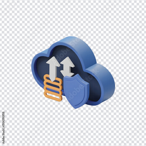 3D Cloud Security Icon – Secure Data Storage with Shield and Arrows