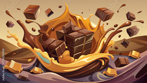 A dynamic shot of dark chocolate chunks and pieces falling into a creamy liquid splash, creating a visually appealing and tempting dessert concept, studio shot.