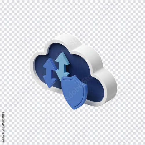 3D Cloud Security Icon – Secure Data Storage with Shield and Arrows