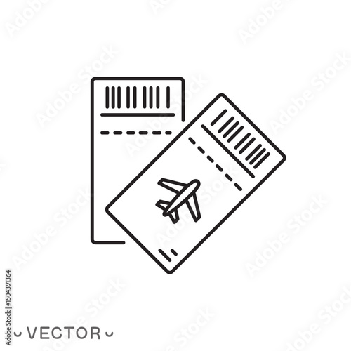 plane ticket icon, ticket on plane concept, proof of purchase and confirmation for a flight, aircraft travel, thin line symbol isolated on white background, editable stroke eps 10 vector illustration