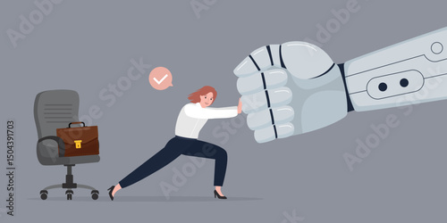 Businesswoman confronts robot fist. Female employee defends her workplace from robot or AI machine. Chatbot replaces human. New technologies