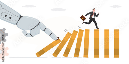 Robot arm push to collapse domino, businessman run away from financial loss. AI bot to disrupt human work, Artificial intelligence impact or challenge, job uncertainty,