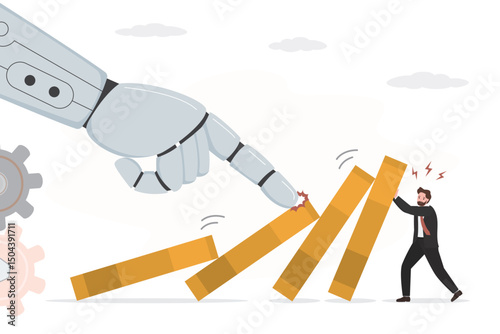 Robot arm push to collapse dominoes, businessman resists against financial loss. AI bot to disrupt human work, Artificial intelligence impact or challenge, job uncertainty