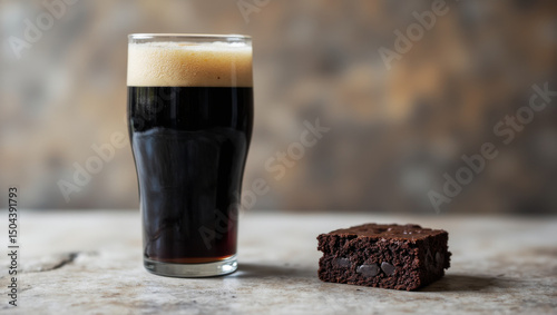 Imperial Stout Beer in Snifter Glass with Dark Chocolate Brownie Bite