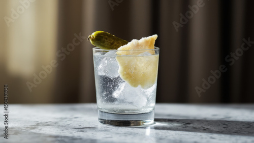 Premium Vodka Ice Cold Shot with Gherkin Pickle or Cured Pork Salo Slice