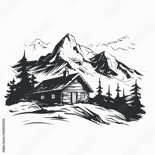 Mountain cabin landscape drawing sketch vector illustration nature trees peak alpine scenery design art silhouette
