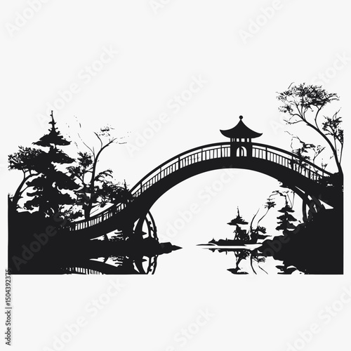 Silhouette bridge landscape reflection water trees nature zen tranquil pagoda asian black and white scenic art