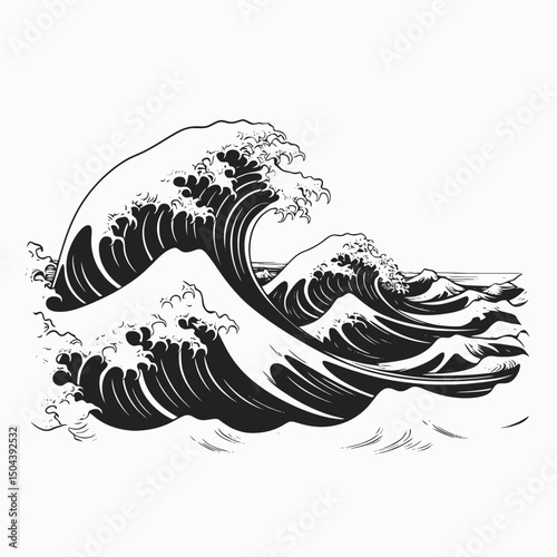 Waves ocean sea water drawing illustration black white graphic design art japanese tsunami powerful silhouette