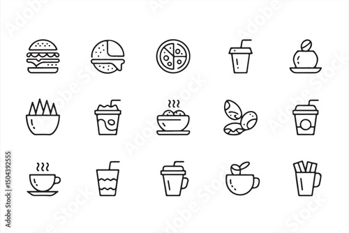 Sleek Minimalist Food Icons Featuring Fast Food, Sweets, and Drinks