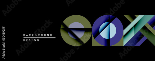 Abstract geometric shapes dominate black background. Circles, squares, lines create dynamic composition. Modern design utilizes cool color palette, gradients. Minimalist aesthetic.