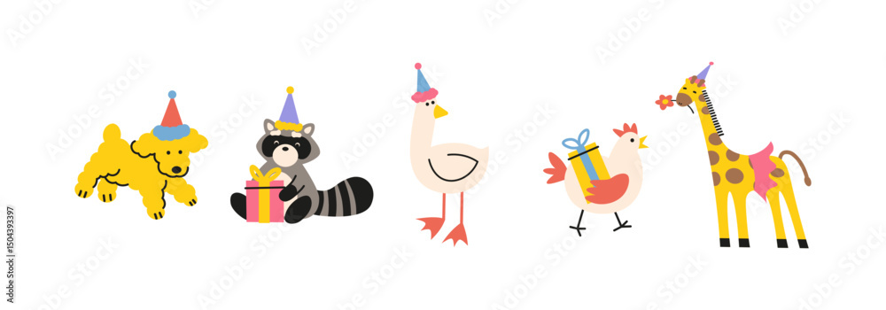Fototapeta premium Happy birthday animals in hand draw doodle style.Festive pets happy birthday. Cartoon stickers for cards, invitations and posters. Happy animals to celebrate party with birthday atributes