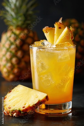 Tropical Cocktail With Pineapple Garnish on a Dark Background With Sliced Pin...