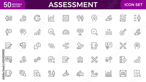 Assessment icons set. Stroke thin line vector illustration with goals, results, process, quality, evaluation, planning, analysis, auditing, financial report, measuring, expertise