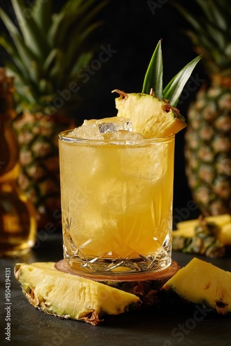 Refreshing Tropical Drink Served With Fresh Pineapple in a Stylish Glass