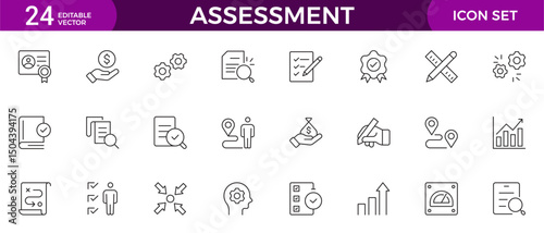 Assessment icons set. Stroke thin line vector illustration with goals, results, process, quality, evaluation, planning, analysis, auditing, financial report, measuring, expertise