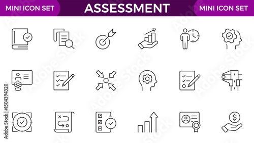 Assessment icons set. Stroke thin line vector illustration with goals, results, process, quality, evaluation, planning, analysis, auditing, financial report, measuring, expertise