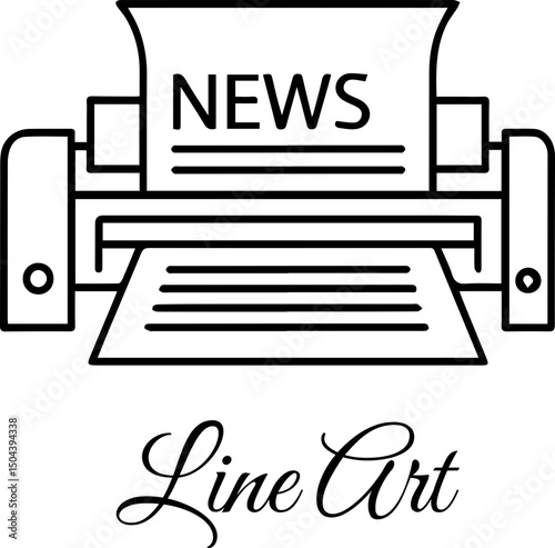 Line art illustration of a printing press with the word "NEWS", Line Art Printing Press with "NEWS" Illustration