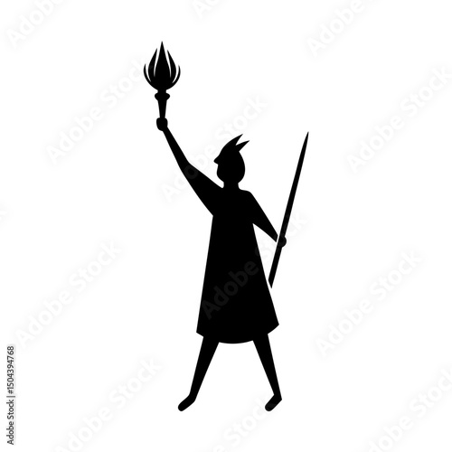 Silhouette of a figure holding a torch and a staff