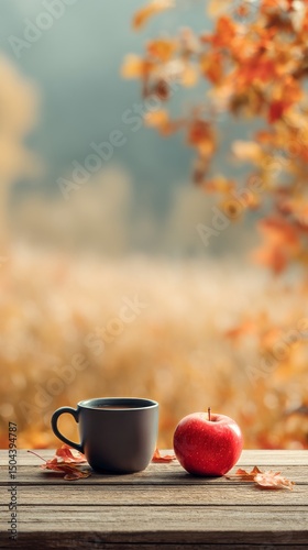 Warm Cup of Coffee and a Fresh Apple on a Rustic Table During Autumn