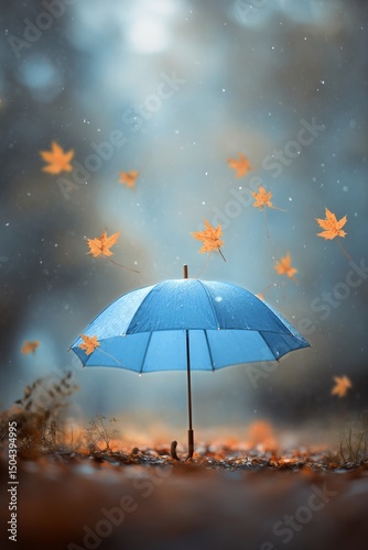 Colorful Blue Umbrella Standing Alone Among Golden Autumn Leaves in a Tranqui...