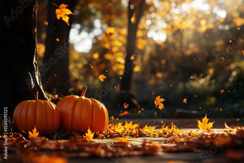 Bright Orange Pumpkins Among Autumn Leaves in a Serene Forest Setting at Sunset