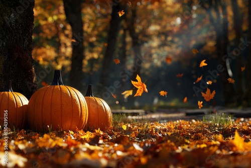 Bright Orange Pumpkins Among Autumn Leaves in a Serene Forest Setting at Sunset