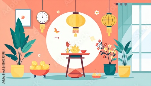 Wallpaper Mural Vibrant Asian-Inspired Home Decor Festive Interior Design with Lanterns and Plants Torontodigital.ca