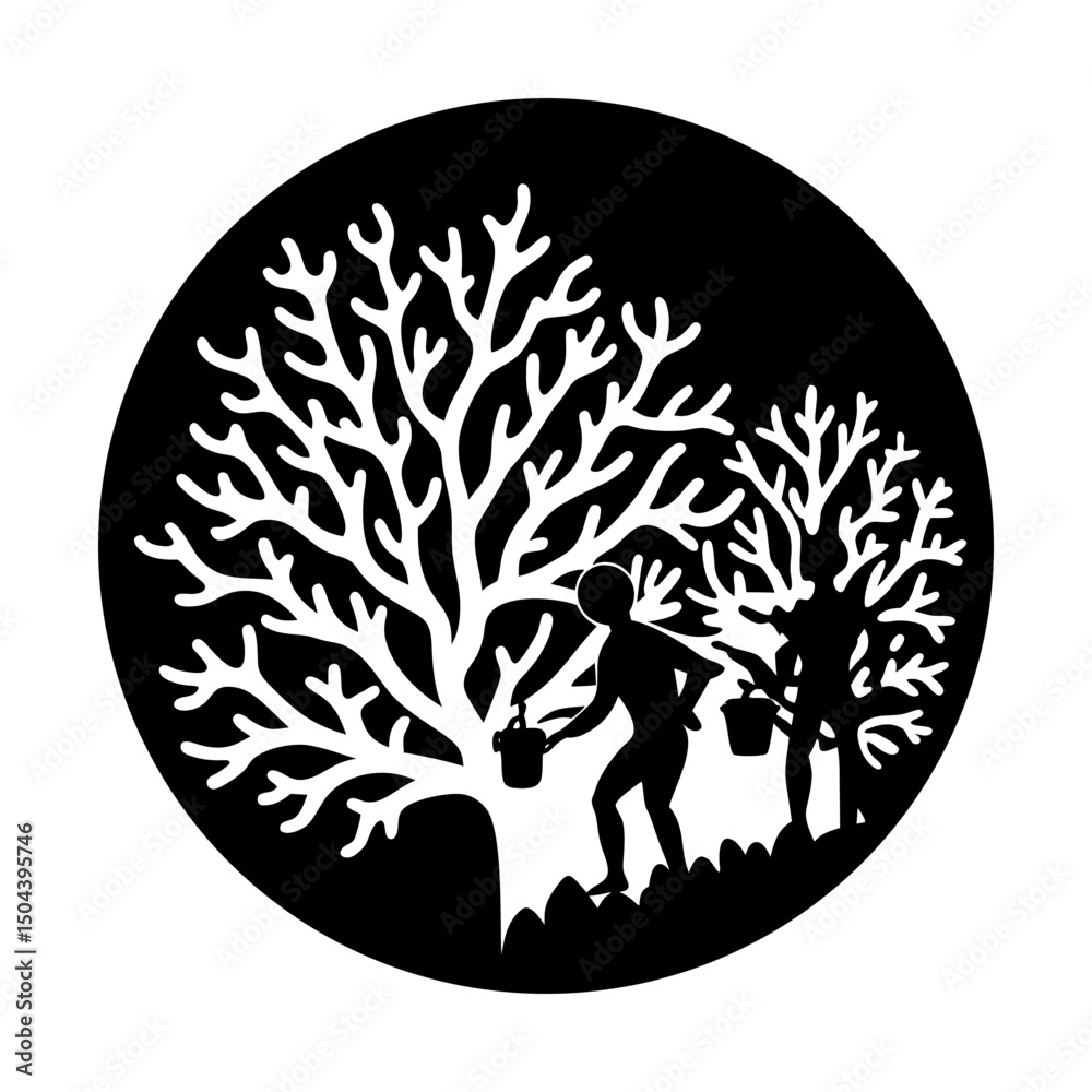 Fototapeta premium People harvesting from trees in a circle design silhouette