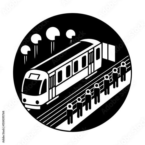 Subway train arriving at station with passengers silhouette