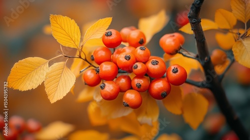 Vibrant Orange Berries Among Golden Autumn Leaves in a Forest Setting