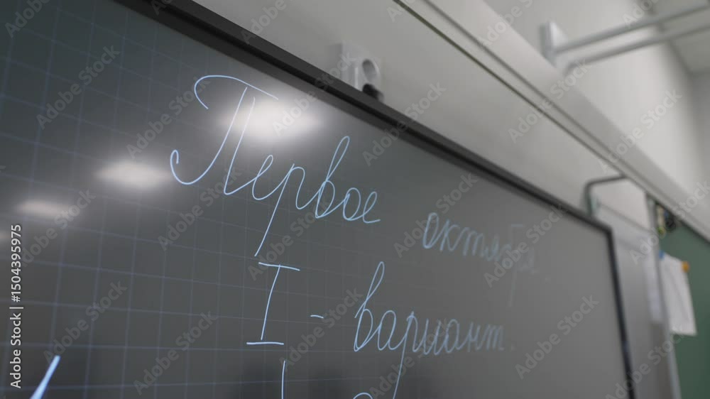 School blackboard covered with handwritten control work assignments in white chalk. Detailed layout shows preparation for classroom test