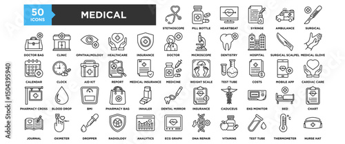 50 Medical and Health Icon Set For Design Elements, health, medical, medicine, doctor, hospital	