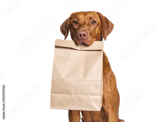A brown dog holds a paper bag in its mouth.
