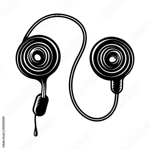 Illustration of wired earbuds with circular design silhouette