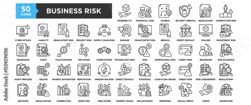 50 Business Risk icon set. Containing design, Probability, Financial Loss, Strategy Gamble, Security Breach, Regulatory Compliance