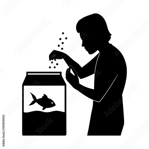 Person feeding a fish in a tank with small pellets silhouette