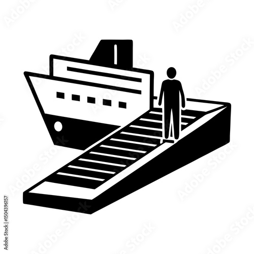 Person boarding a cruise ship using a gangplank silhouette