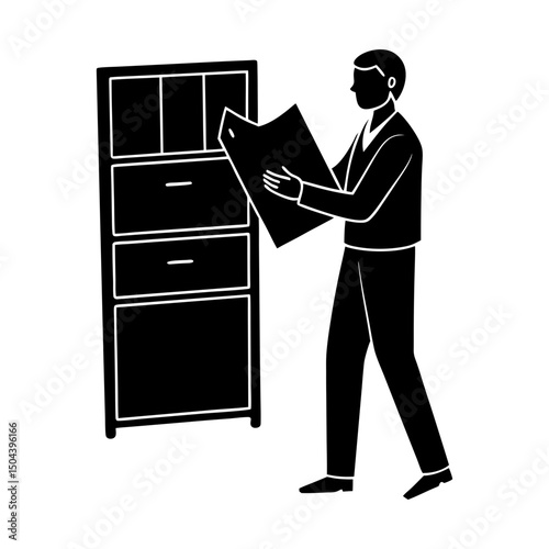 Man standing reading document near filing cabinet silhouette