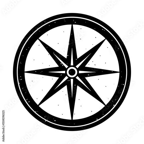 Circular compass rose with eight pointed star shape silhouette