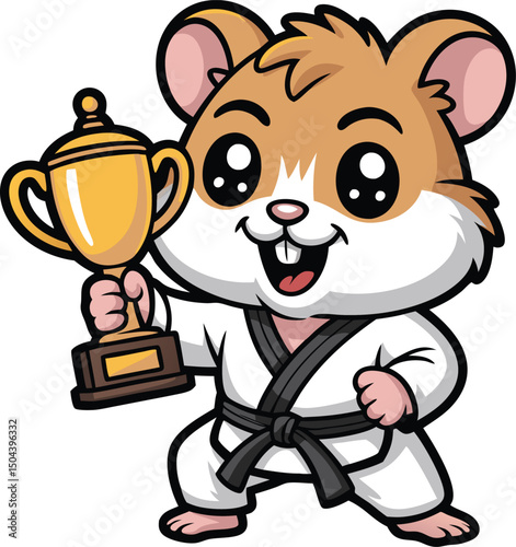 Hamster Champion holds a golden trophy in a karate uniform