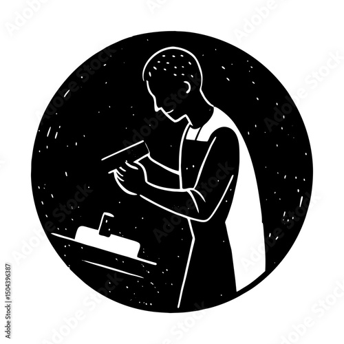 Man working with tools in a circular illustration silhouette