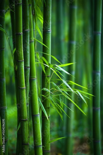 Lush Bamboo Stalks Create a Serene Atmosphere in a Tranquil Forest Setting