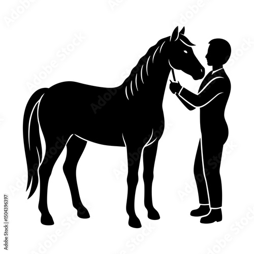 Person grooming a horse standing on a white area silhouette