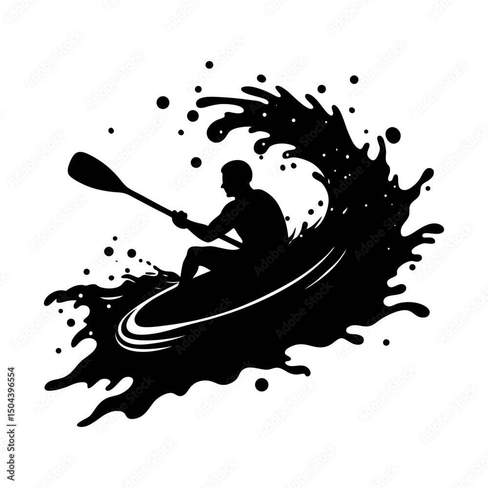 Fototapeta premium Silhouette of person kayaking on a wave of water