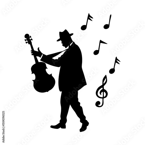 Silhouette of musician with stringed instrument notes
