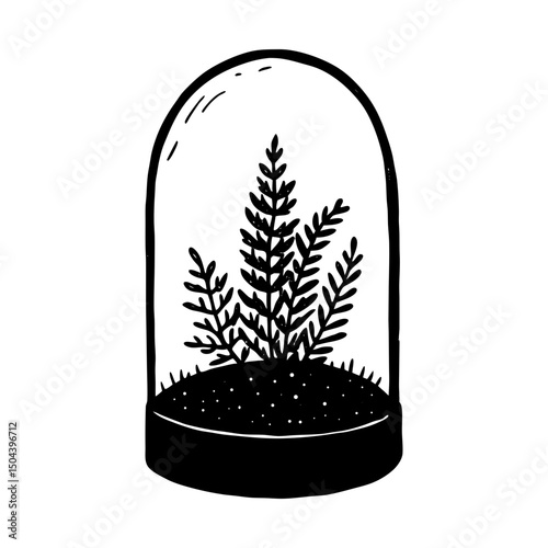 Fern plant inside a glass terrarium illustration silhouette