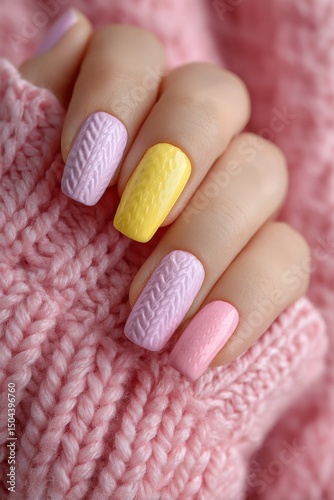 Colorful Knitted Nail Art Design Shows Stylish Patterns in Cozy Sweater Setting